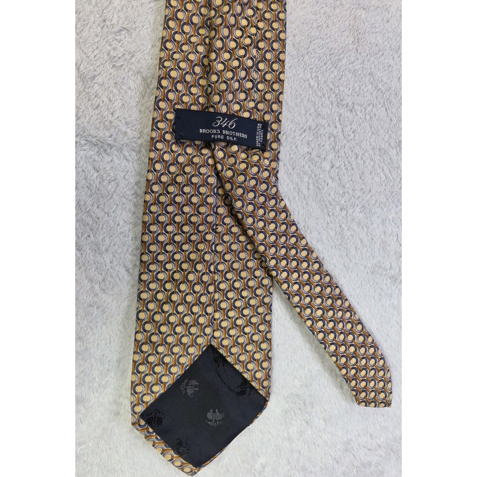 Brooks Brothers 346 Silk Tie Gold Blue Geometric Chain Pattern Usa Made Classic